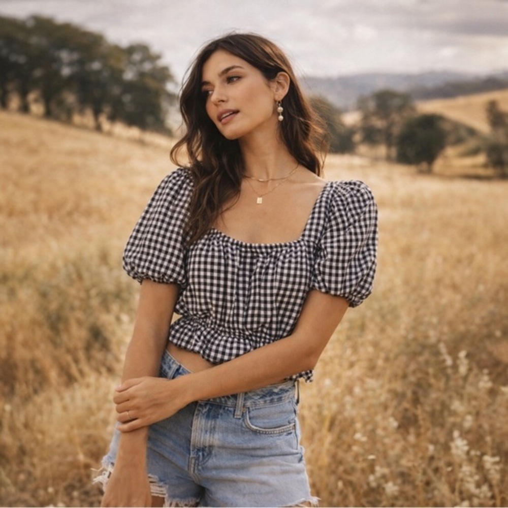 Stitch And Pine Gingham Puff Sleeve Crop Large Top Cottagecore Milkmaid